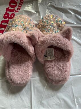 George Pink Fuzzy Slippers with Sequin Accents